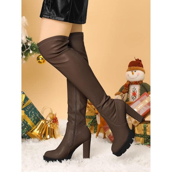 Women's Coffee Platform Boots Chunky Heel Over Knee High Rounded Toe Long Boots - Picture 2 of 7